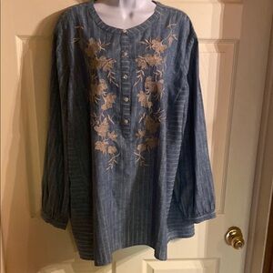J. Jill Blue Tunic Blouse with Cream Floral Embroidery